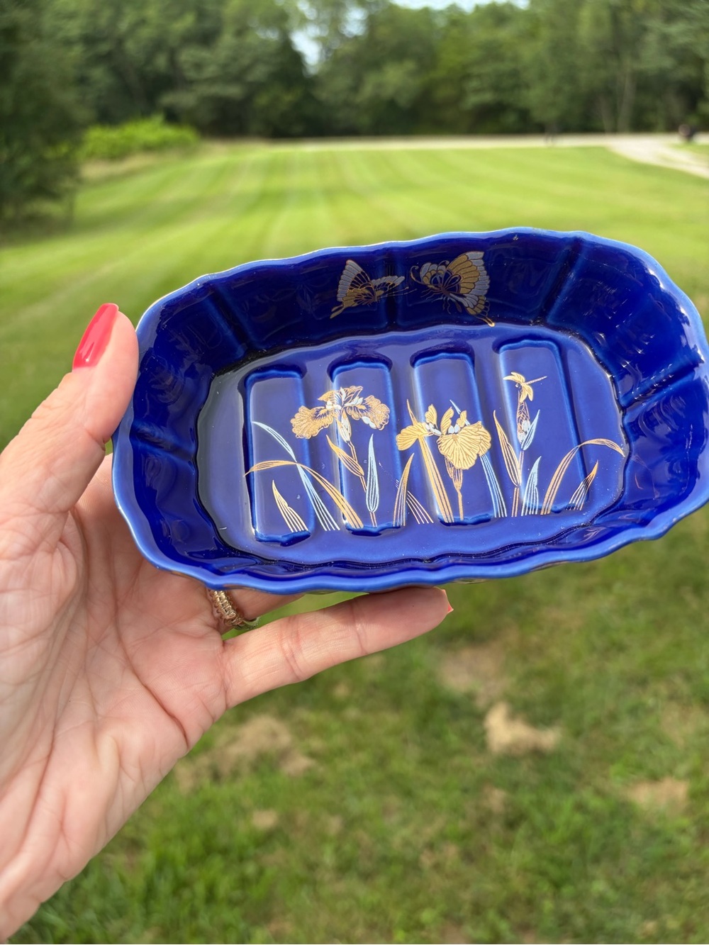 Vtg Blue And Gold Tone Ceramic Soap Dish Japan Floral Butterfly Ornate